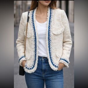 Magyann‎ Cream Boucle Fringe Trim Jacket Blazer Blue Trim Size XS Women's